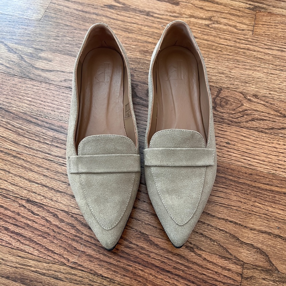 Suede loafers in color sand by Flattered. Sz 10, perfect condition. Run tight